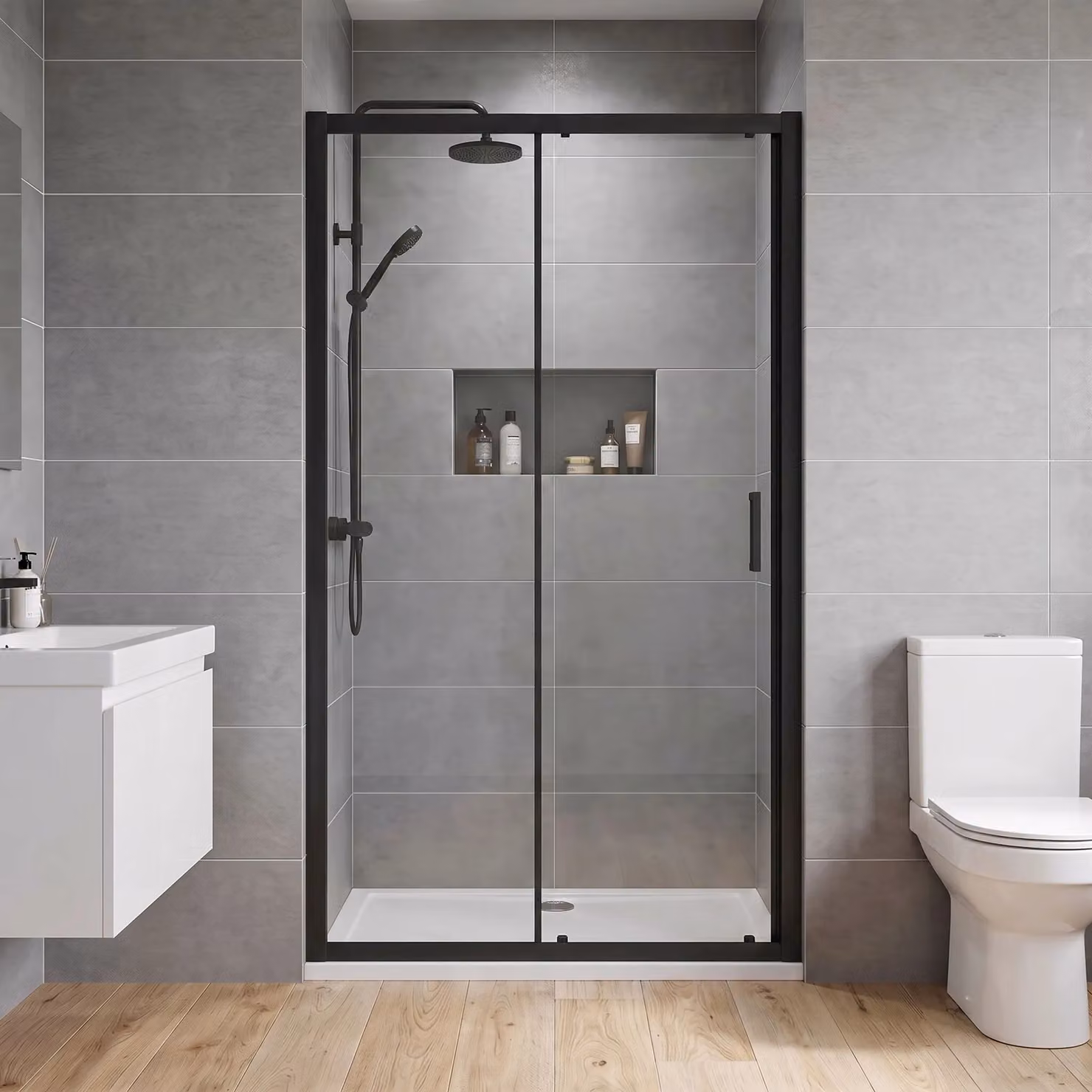 Balterley Reversible Sliding Shower Door with 6mm Toughened Safety Glass, Black, W: 100 cm, H: 185 cm – 2