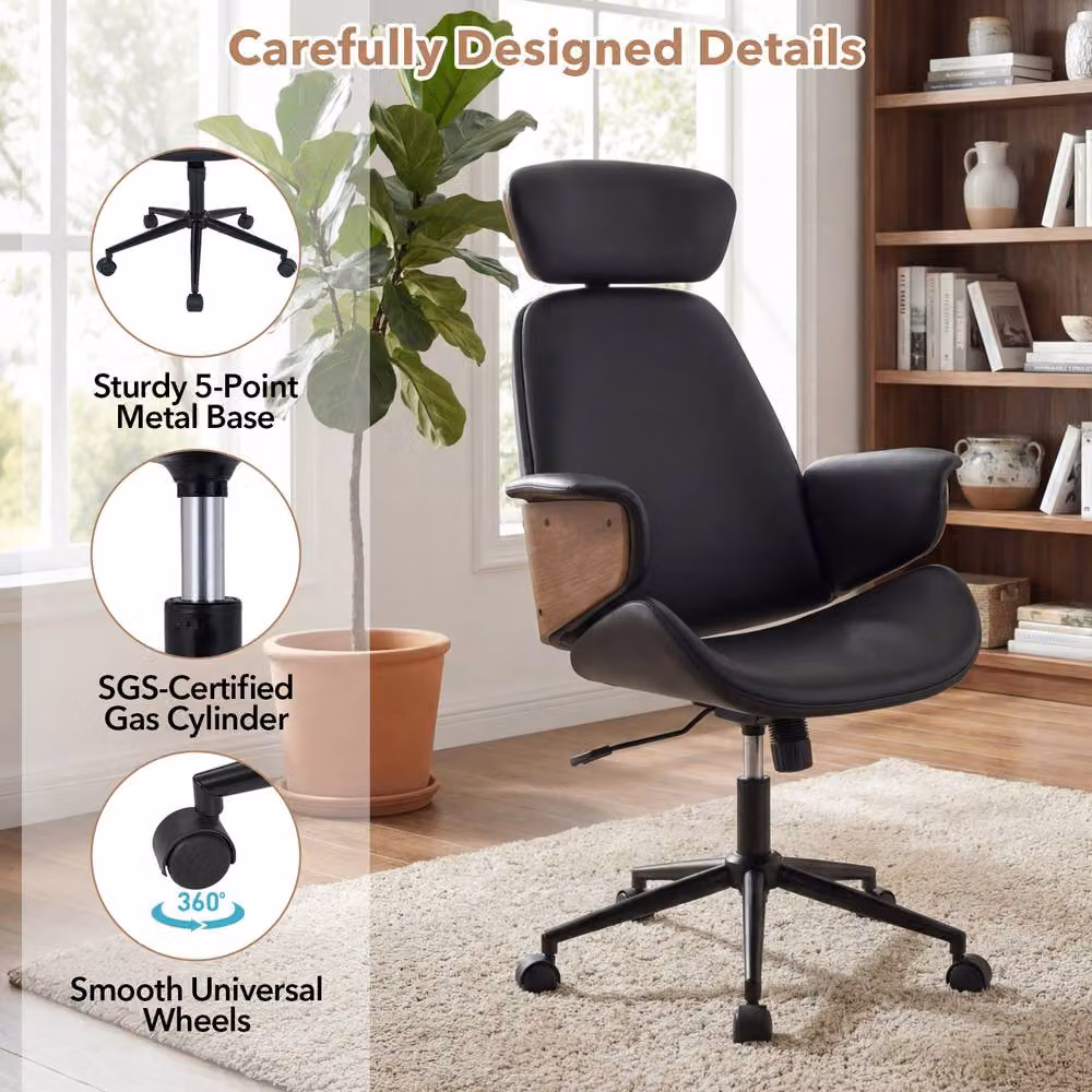 Costway Mid Century Modern Ergonomic Office Chair in Black Synthetic Leather with Headrest and Weight Adjustment – 8