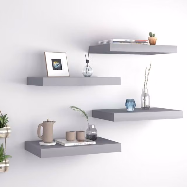 Berkfield Home Floating Wall Shelves, 4 Piece Grey MDF Set, W: 40 cm, D: 23 cm, H: 3.8 cm