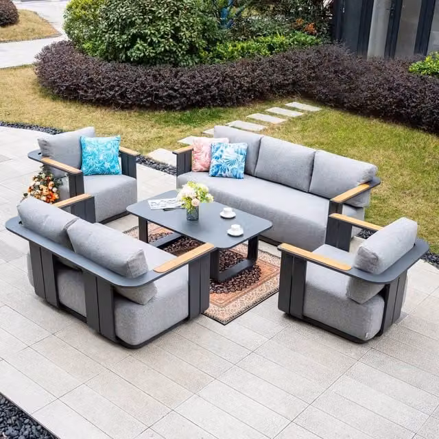 MIMO Garden 7-Seater Grey Powder Coated Aluminium Garden Sofa Set with Teak Armrests, U-Shape Lounge Armchairs, Outdoor Sofas and Coffee Table with Upholstered Cushions