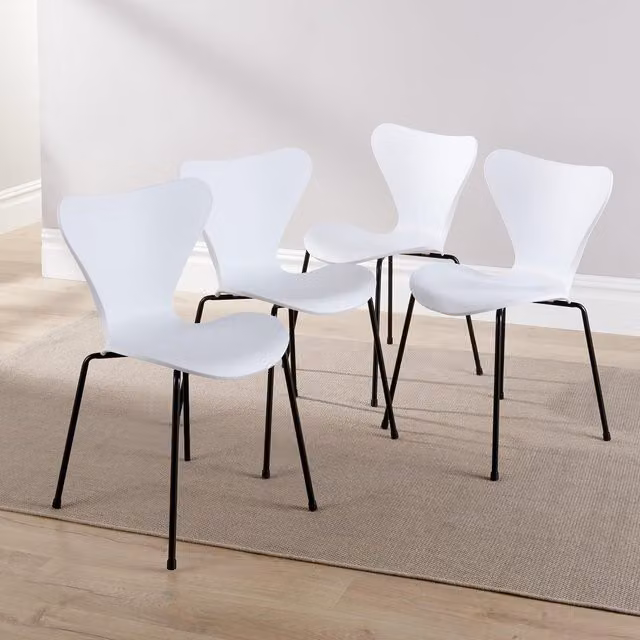 Home Source Set of 4 Retro Dining Chairs with Curved Iron Tube Legs and PP Seats in White