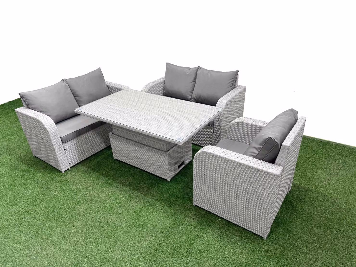 Fimous Grey Poly Rattan Garden Furniture Set with Reclining Armchair, 2-Seater Sofa, and Coffee Table