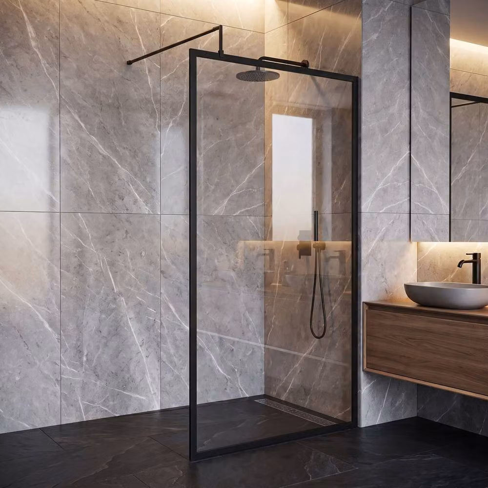 Balterley 8mm Single Panel Glass Wetroom Screen and Support Bar in Black, W: 110 cm, H: 185 cm – 2