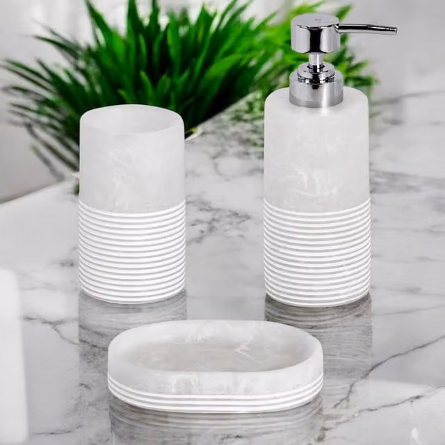 Showerdrape Bianco Frost Onyx White 3 Piece Resin and Stone Bathroom Accessory Set including Soap Dispenser, Soap Dish and Tumbler