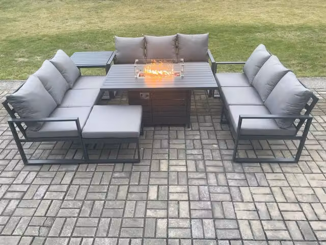 Fimous 10 Seater Aluminium Garden Furniture Set with Gas Fire Pit Dining Table, Lounge Sofa, Footstool and Side Table in Dark Grey