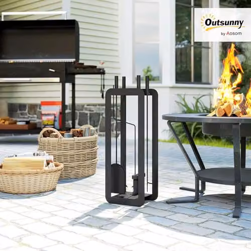 Outsunny 5 Piece Metal Fireplace Companion Set with Brush Stand in Black – 2