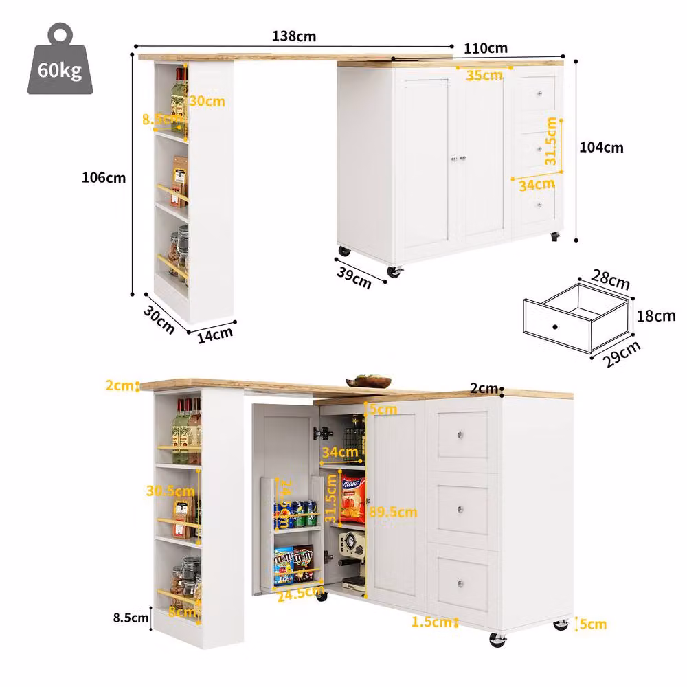 ModernLuxe Extendable Kitchen Island Bar Table with Storage Shelves in White – 4