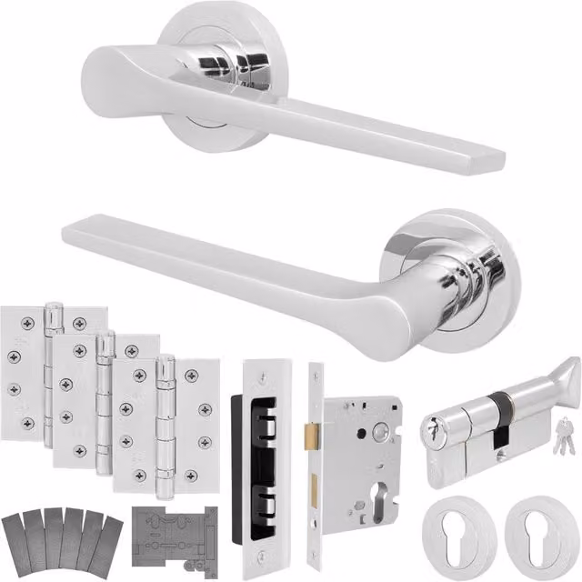 AFIT Chrome Fire Door Handle Euro Lock Thumbturn Cylinder Set with Hinges in Silver, W/D/H: 15.0 x 15.0 x 6.1 cm
