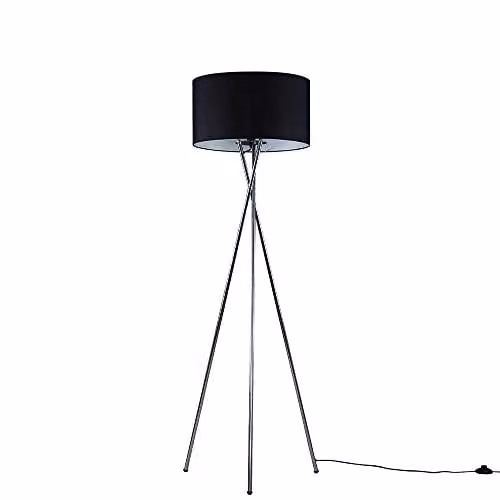 ValueLights MiniSun Modern Brushed Chrome Metal Tripod Floor Lamp with Black Fabric Drum Shade