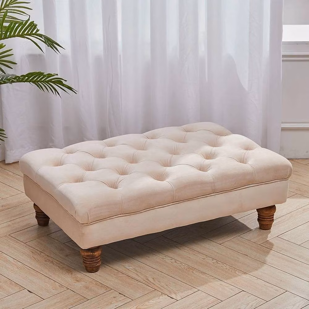 KORVIXA Beige Tufted Velvet Chesterfield Ottoman Footstool with Walnut Wood Frame, Width: 100 cm – 2