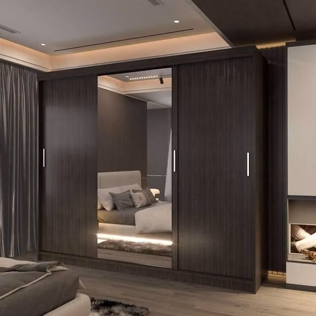 Sliding Wardrobes 4U Large Modern Mirror Wardrobe with LED Lighting in Dark Brown, W: 250 cm, H: 217 cm