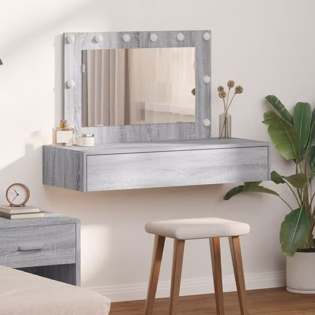 Berkfield Home Wall Hanging Dressing Table with Hollywood LED Lights in Grey Sonoma, W: 100 cm, H: 70 cm, D: 40 cm