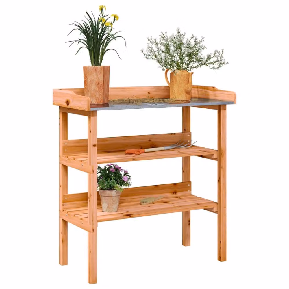 Berkfield Home Rustic Brown Solid Wood Fir Plant Table with Shelves W/D/H: 78 x 38 x 82.5 cm – 2