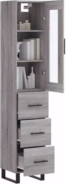 Berkfield Home Grey Sonoma Modern Highboard with Internal Shelves and Doors with Drawers, W/D/H: 34.5 x 34 x 180 cm