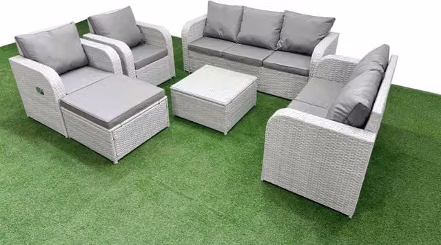 Fimous PE Rattan Garden Furniture Set in Light Grey with 2 Seater Sofa, Adjustable Chairs, Square Coffee Table and Large Footstool