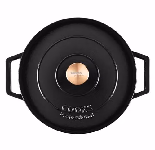 Cooks Professional Enamelled Cast Iron Shallow Casserole Dish with Lid and Handles, 4.3 l, Matt Black, 28 cm – 3