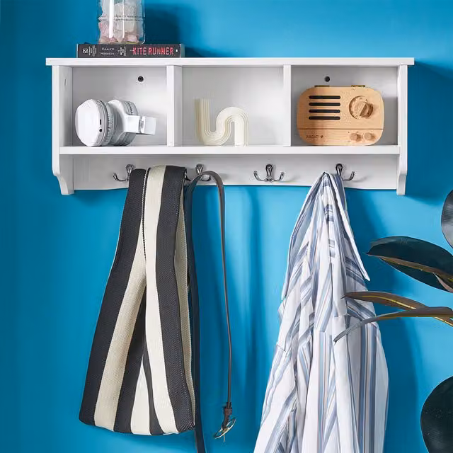 SoBuy Modern White Wall Storage Unit with 3 Cubbies and 4 Hooks