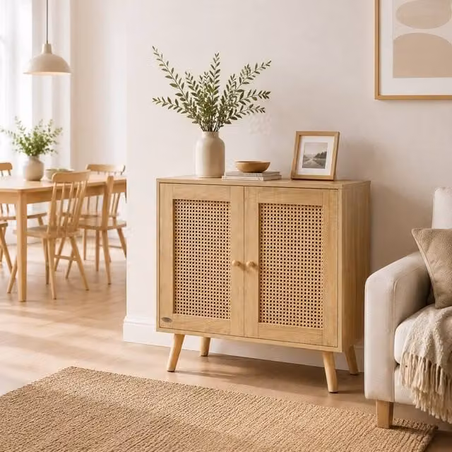 Abrihome Modern Rattan Sideboard Cabinet with Adjustable Shelf in Sand Beige – 1