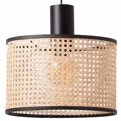 FARO BARCELONA Mambo Cylindrical Suspended Pendant Light in Black and Rattan or Beige – 2