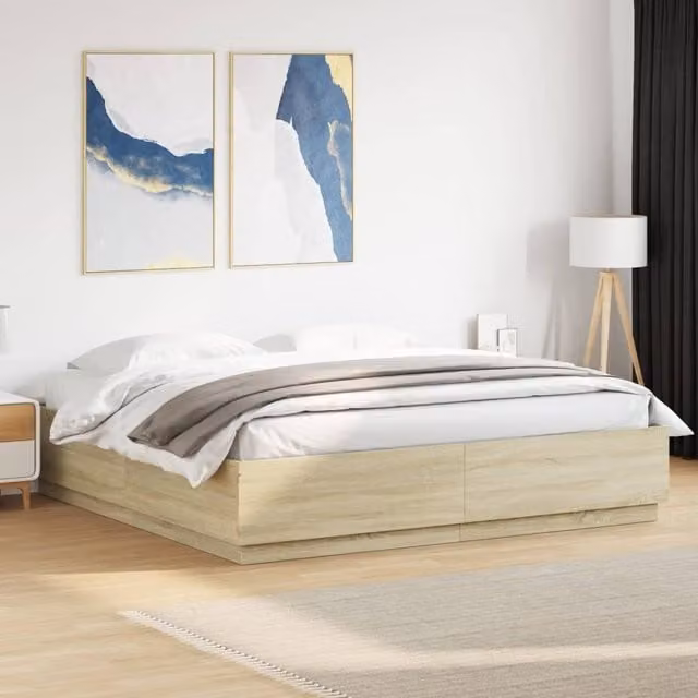 Berkfield Home Sonoma Oak Bed Frame with LED Under-Bed Lighting and USB Charging Port, Brown, W/D/H: 200 x 200 cm – 1