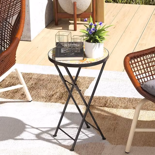 Outsunny Round Folding Mosaic Garden Table in Yellow, Diameter: 35.5 cm