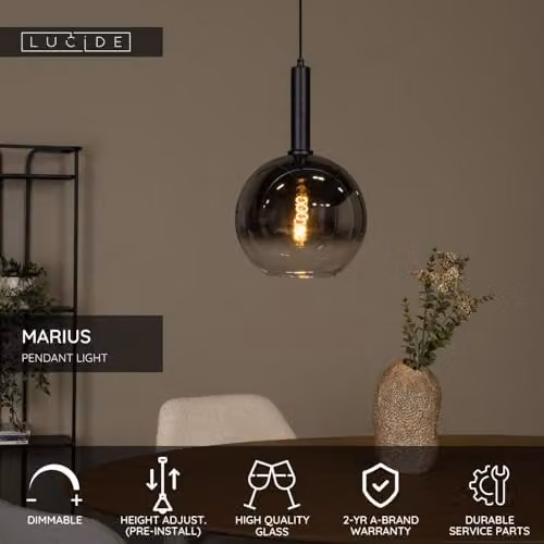 Lucide Marius Modern Glass Sphere Pendant Light, Black, Diameter: 30 cm – 2