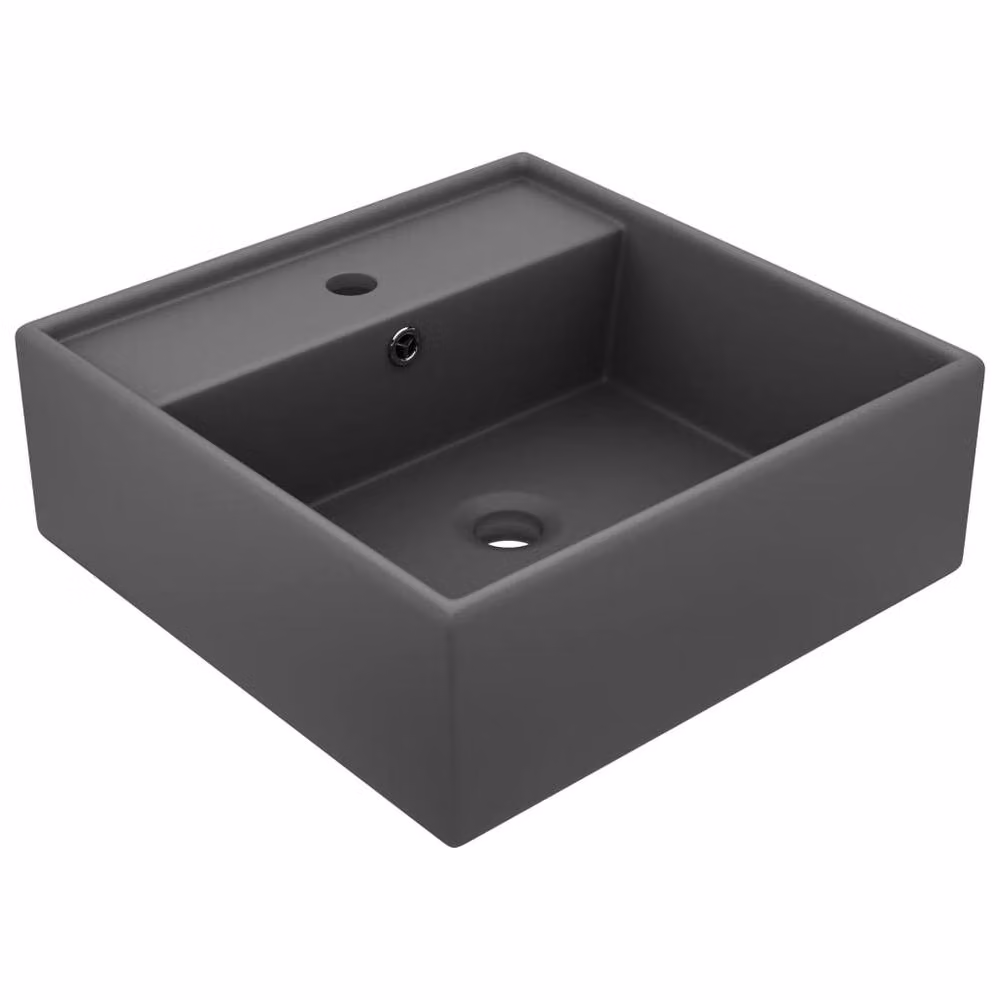 Berkfield Home Luxury Square Ceramic Countertop Basin with Overflow in Matt Dark Grey, W: 41 cm, D: 41 cm – 1
