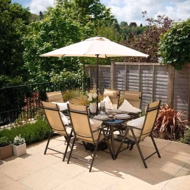 Hectare 6 Seat Reclining Polytex and Glass Dining Set with Parasol in Black and Beige