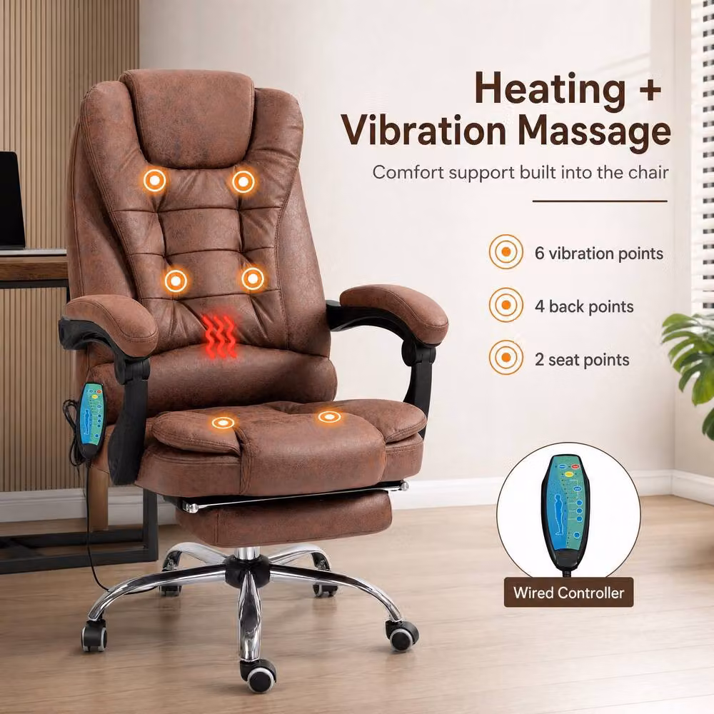 STILVORA Brown Synthetic Leather Executive Massage Office Chair with Heat, Reclining Function, Footrest and Headrest – 6