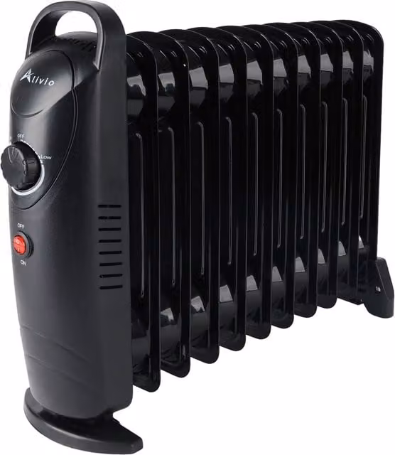 Alivio Black Freestanding Oil-Filled Radiator with Adjustable Thermostat and Overheat Protection, Height: 45 cm
