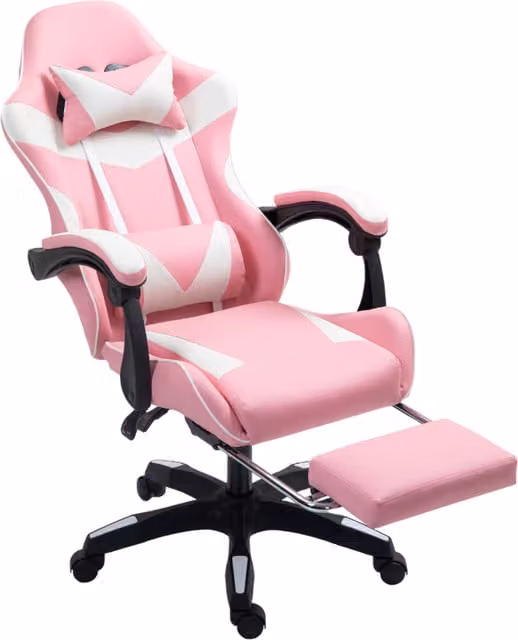 Home Treats Pink and White Synthetic Leather Gaming Chair with Footrest and Massage Function