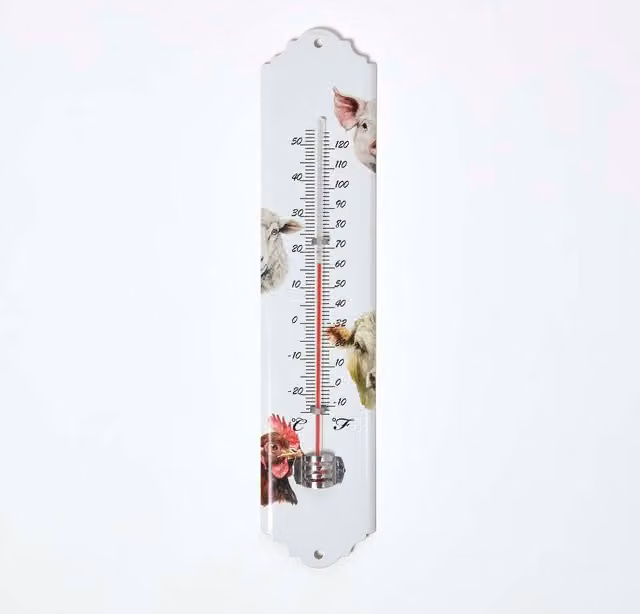 Homescapes Rustic White Metal Outdoor Hanging Thermometer with Farmyard Animal Design