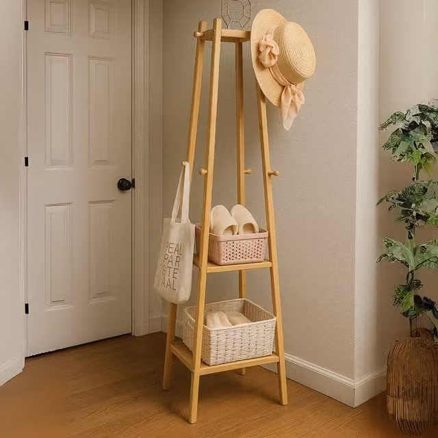 Rafaelo Mobilia Wooden Hallway Coat Rack Stand with 3 Shelves in Brown, H 168 x W 40 x D 40 cm – 1