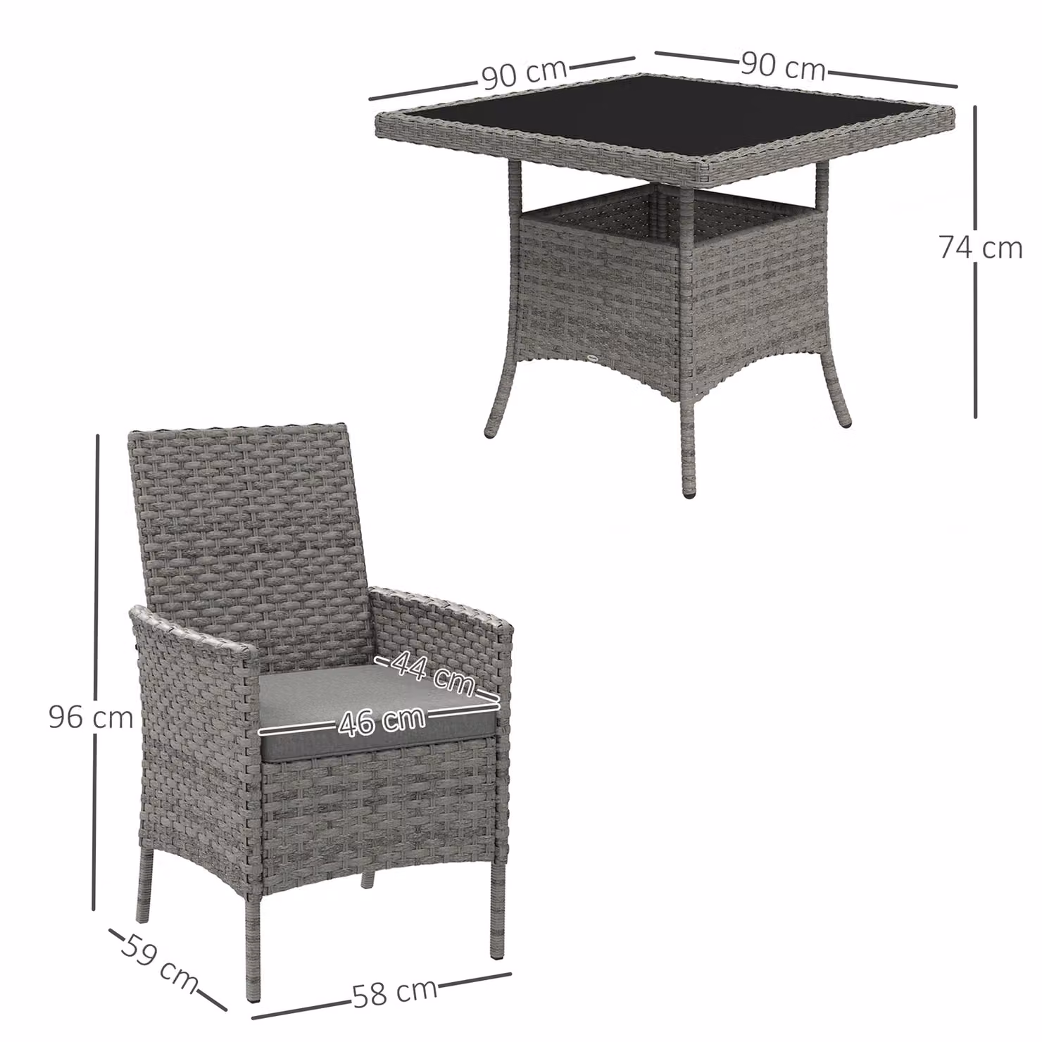 Outsunny Grey Rattan Garden Furniture Set with 4 Armchairs, Square Tempered Glass Top Dining Table and Cushions – 3