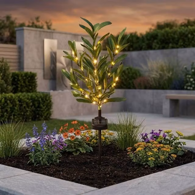 Garden Greatness Olive Tree Solar LED Garden Stake Lights in Green and Black with Warm White Light