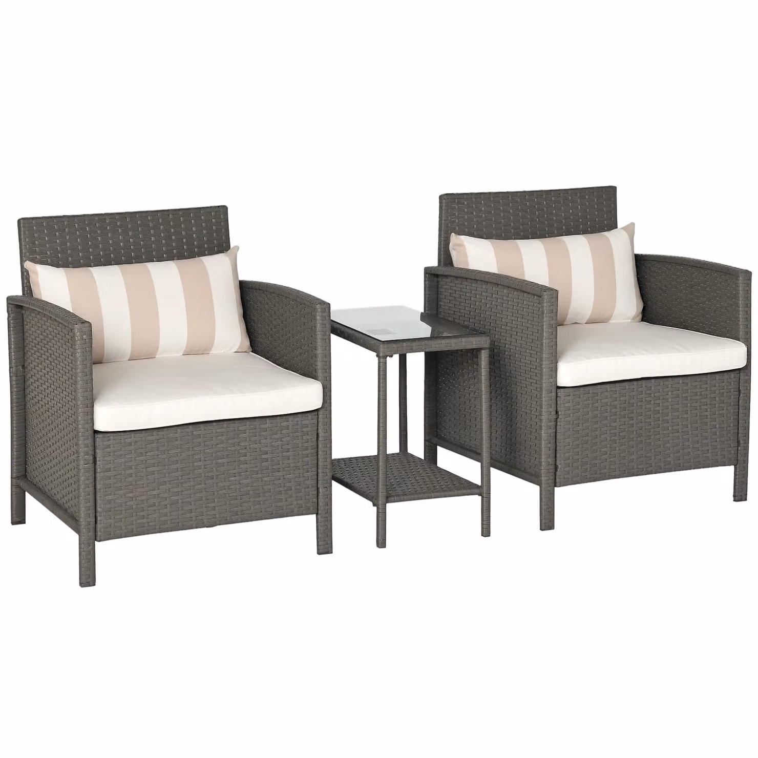 OUTSUNNY 3 Piece Outdoor Rattan Sofa Set with Chairs and Coffee Table in Light Grey – 2