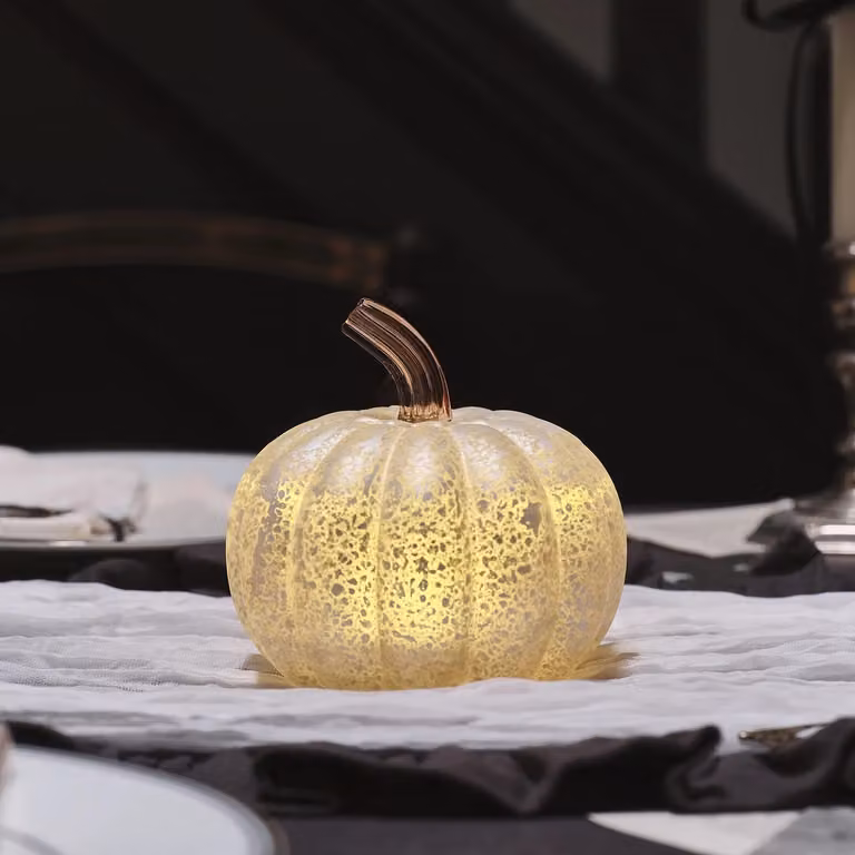 Lights4fun White Mercury Glass Pumpkin Battery Operated LED Autumn and Halloween Tabletop Decoration, H 12 cm