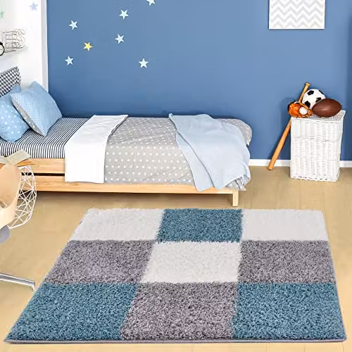 THE RUGS Modern Checked Shaggy Area Rug in Blue and Grey, W/D/H: 120 x 120 x 3 cm