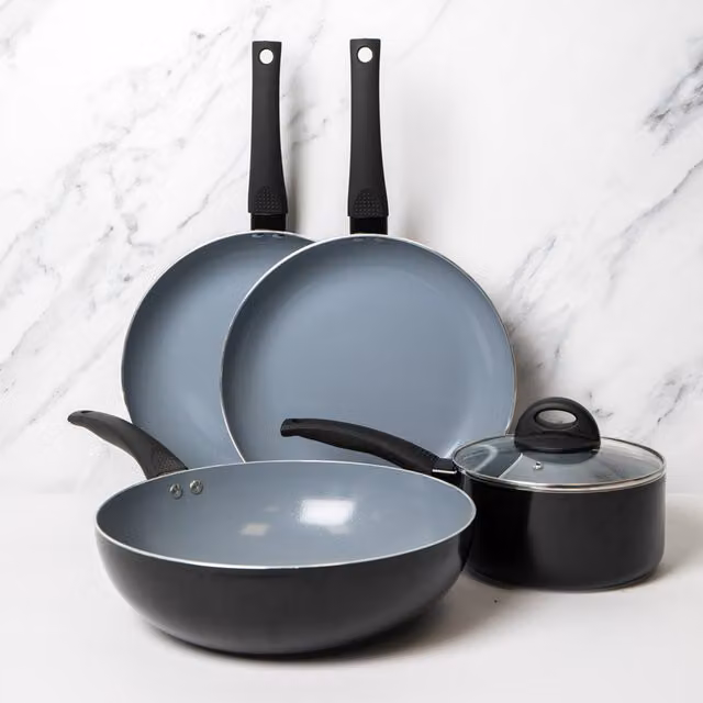 MasterClass 5-Piece Eco Ceramic and Aluminium Cookware Set in Grey, including Frying Pans (24 cm, 28 cm), Saucepans (18 cm, 20 cm) and a Wok (29.5 cm)