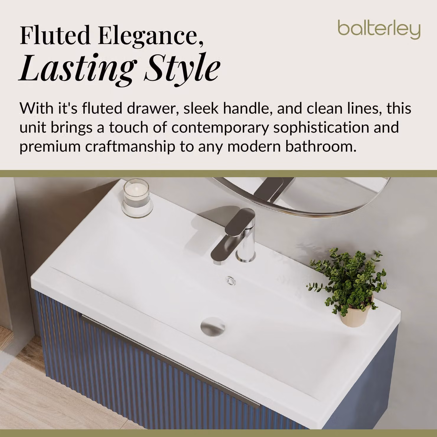 Balterley Fluted Wall Hung 1 Drawer Vanity Basin Unit and Basin, Satin Blue, Width: 80 cm – 3