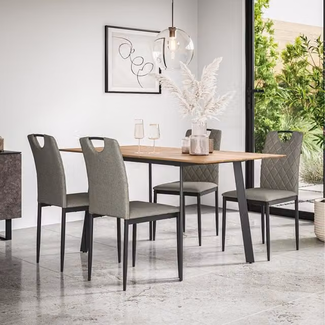 More4Homes Haydon Extending Oak Effect Dining Table Set with 6 Monza Linen Chairs in Grey and Brown