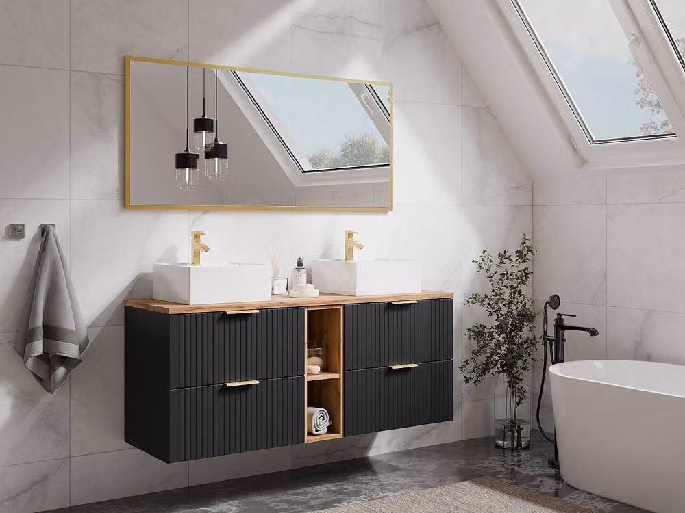 Vente-unique Striped Floating Vanity Unit with Niches in Black and Light Natural – 2