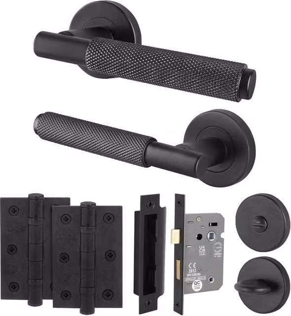 AFIT Matt Black Knurled Bathroom Door Handle and Hinges Set, W: 15.0 cm x H: 15.0 cm – 1