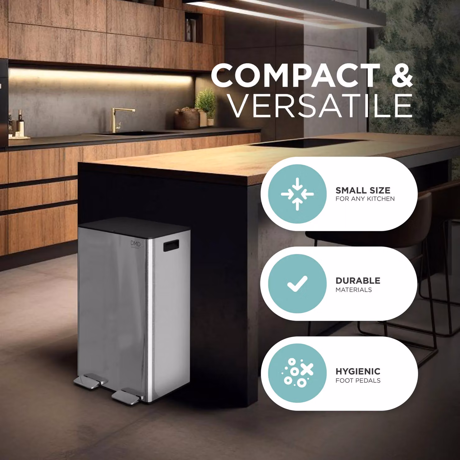 DMD Collective 60L Stainless Steel Double Kitchen Waste and Recycling Bin with Soft Close and Fingerprint Proof Finish in Silver – 7