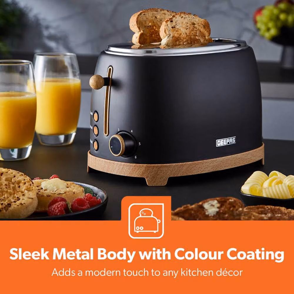 Geepas NordiQ Design 2 Slice Toaster with 6 Browning Levels and Wood Effect Finish in Black – 3