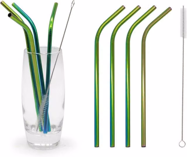 Glim & Glam Reusable Stainless Steel Rainbow Straws, 6 Piece Multicolour Set