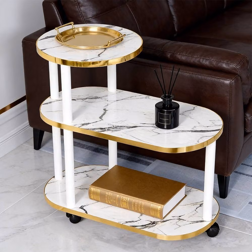 Ventryn White 3-Tier Oval Coffee Table with Marble Top and Castors – 3