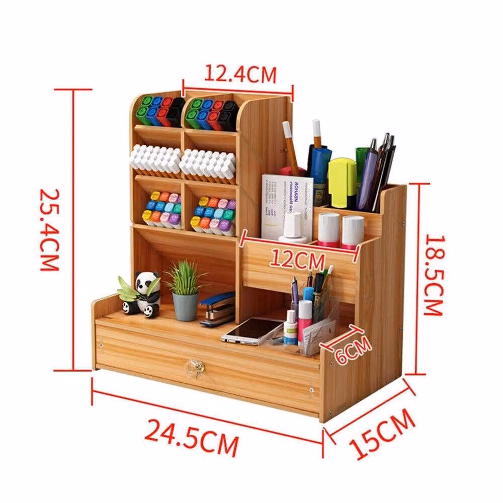 VOGREX Desktop Organiser Pen Holder and Tabletop Storage Box with Drawer in Brown Wood – 2