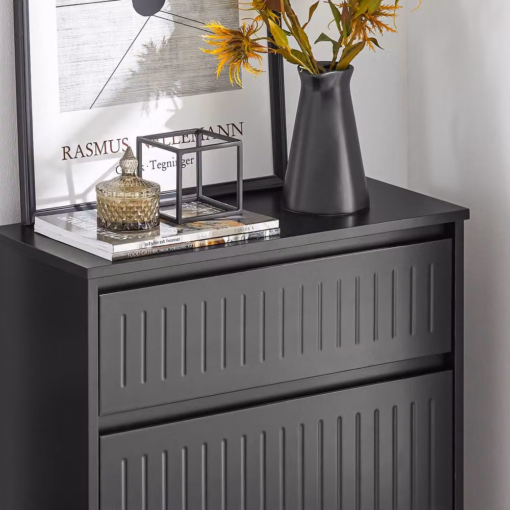 SoBuy Slim Modern Shoe Cabinet in Matt Black with Tilting Compartments – 4
