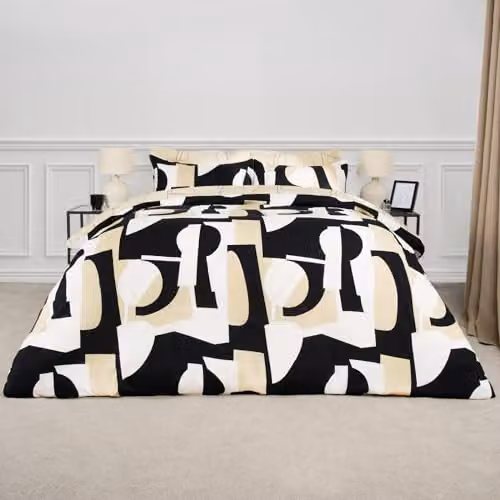 OHS Geo Shapes Double Bedding Set in Black and Beige, including Reversible Duvet Cover and Pillowcases